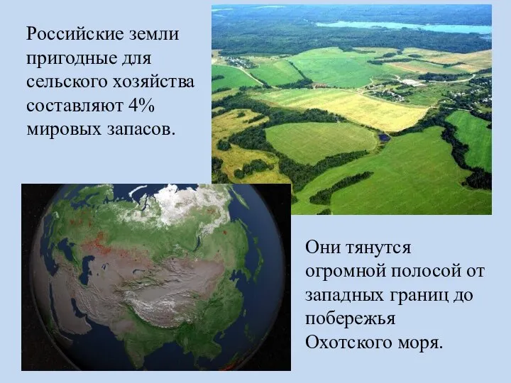 Российские земли пригодные для сельского хозяйства составляют 4% мировых запасов. Они