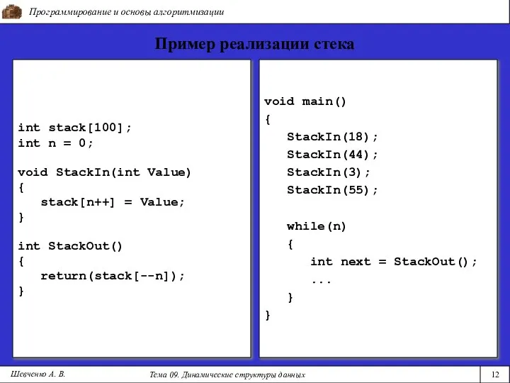 Программирование и основы алгоритмизации Тема 09. Динамические структуры данных 12 Шевченко