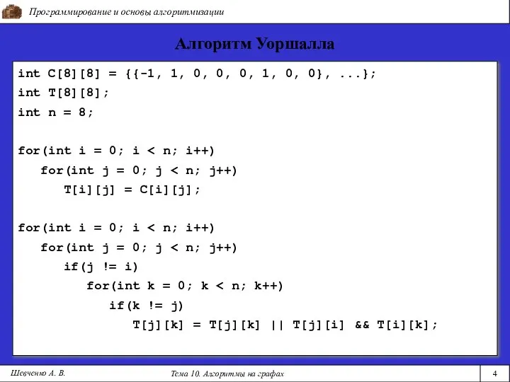 Программирование и основы алгоритмизации Тема 10. Алгоритмы на графах 4 Шевченко