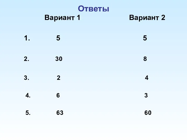 Ответы Вариант 1 Вариант 2 1. 5 5 2. 30 8