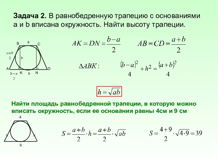 Задача 2. В равнобедренную трапецию с основаниями a и b вписана