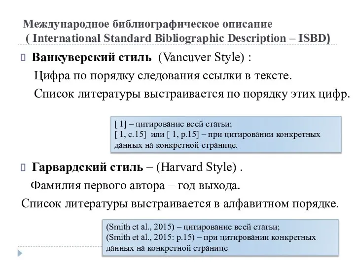 Международное библиографическое описание ( International Standard Bibliographic Description – ISBD) Ванкуверский