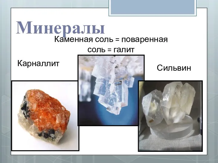 Минералы Карналлит Каменная соль = поваренная соль = галит Сильвин