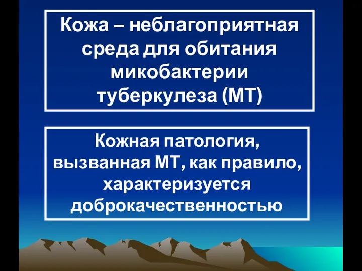 Кожа – неблагоприятная среда для обитания микобактерии туберкулеза (МТ) Кожная патология,