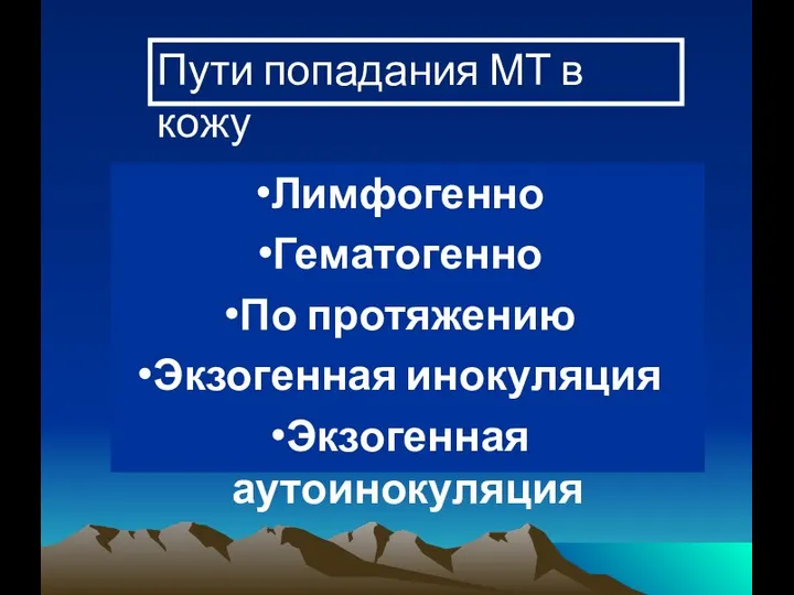 Пути попадания МТ в кожу Лимфогенно Гематогенно По протяжению Экзогенная инокуляция Экзогенная аутоинокуляция