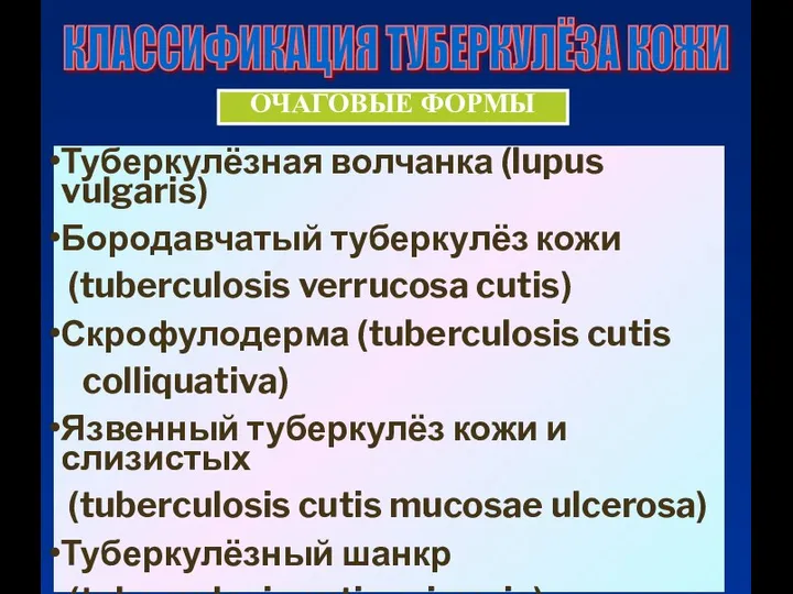 ОЧАГОВЫЕ ФОРМЫ Туберкулёзная волчанка (lupus vulgaris) Бородавчатый туберкулёз кожи (tuberculosis verrucosa