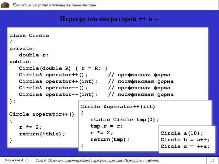 Программирование и основы алгоритмизации Тема 6. Объектно-ориентированное программирование. Перегрузка и шаблоны