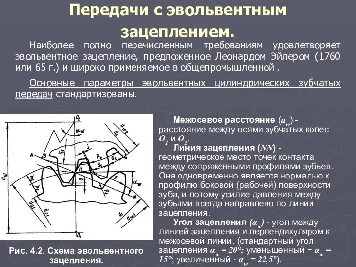 Передачи с эвольвентным зацеплением. Наиболее полно перечисленным требованиям удовлетворяет эвольвентное зацепление,