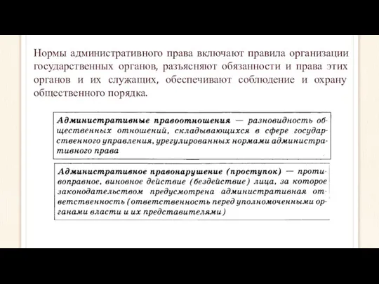 Нормы административного права включают правила организации государственных органов, разъясняют обязанности и