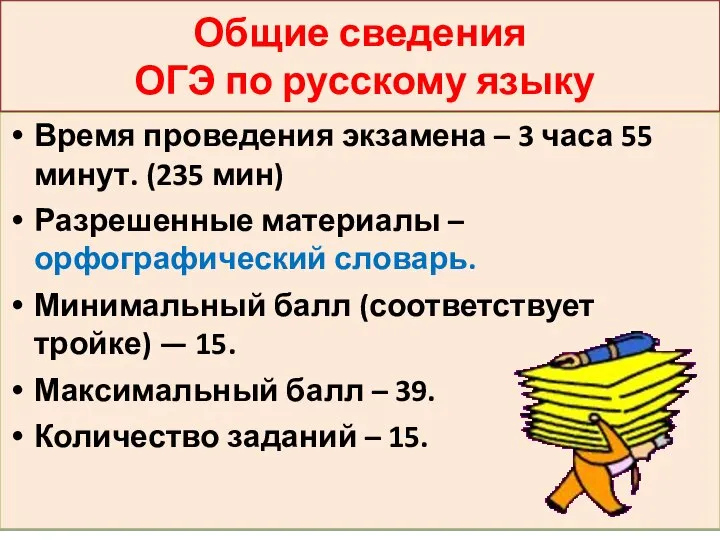 Общие сведения ОГЭ по русскому языку Время проведения экзамена – 3