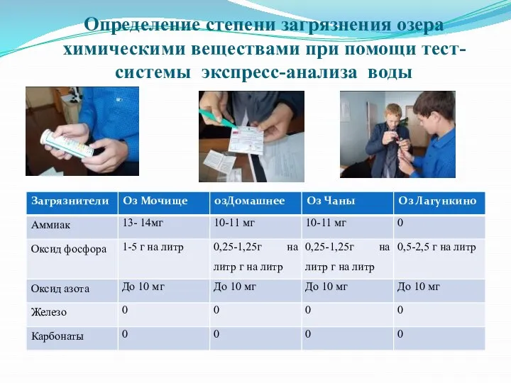 Определение степени загрязнения озера химическими веществами при помощи тест-системы экспресс-анализа воды