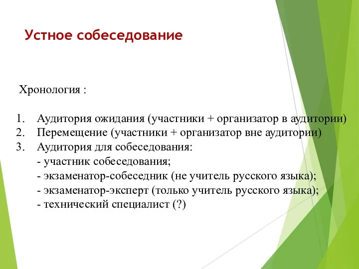 Устное собеседование Хронология : Аудитория ожидания (участники + организатор в аудитории)