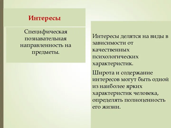 Интересы Интересы делятся на виды в зависимости от качественных психологических характеристик.