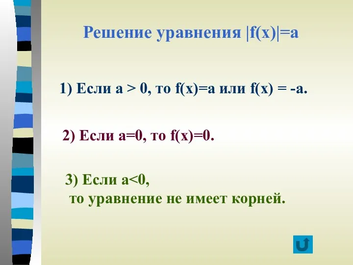 Решение уравнения |f(x)|=a 1) Если а > 0, то f(x)=a или