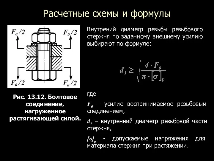 Расчетные схемы и формулы Рис. 13.12. Болтовое соединение, нагруженное растягивающей силой.