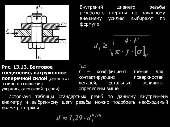 Рис. 13.13. Болтовое соединение, нагруженное поперечной силой (детали от взаимного смещения