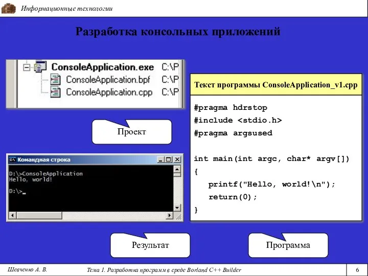Информационные технологии Тема 1. Разработка программ в среде Borland C++ Builder