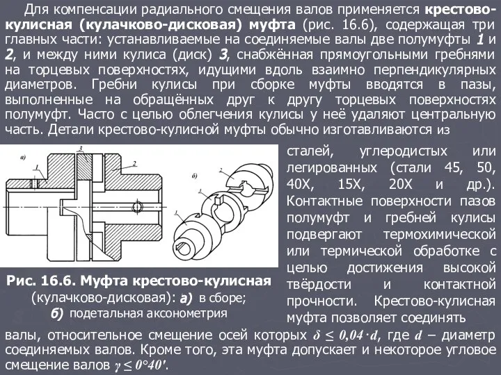 Для компенсации радиального смещения валов применяется крестово-кулисная (кулачково-дисковая) муфта (рис. 16.6),