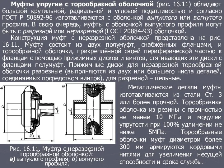 Муфты упругие с торообразной оболочкой (рис. 16.11) обладают большой крутильной, радиальной