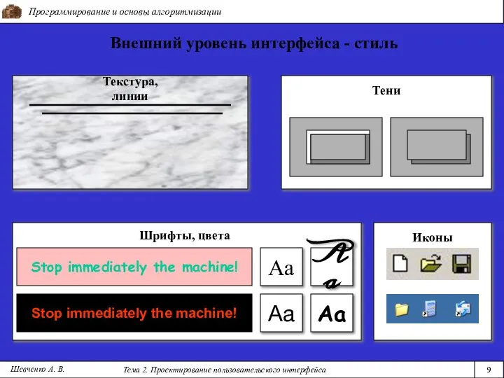 Программирование и основы алгоритмизации Тема 2. Проектирование пользовательского интерфейса 9 Шевченко