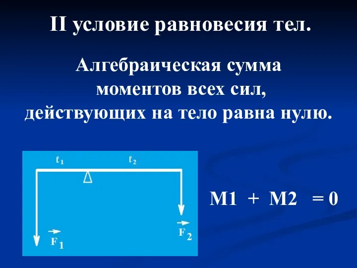 II условие равновесия тел. Алгебраическая сумма моментов всех сил, действующих на