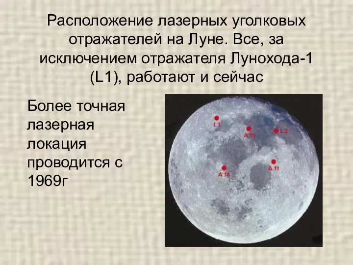 Расположение лазерных уголковых отражателей на Луне. Все, за исключением отражателя Лунохода-1