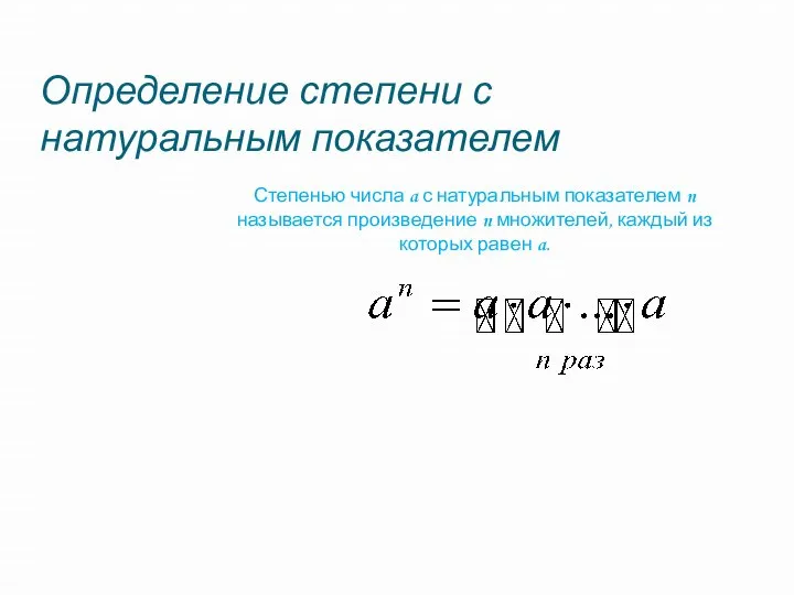 Определение степени с натуральным показателем Степенью числа a с натуральным показателем