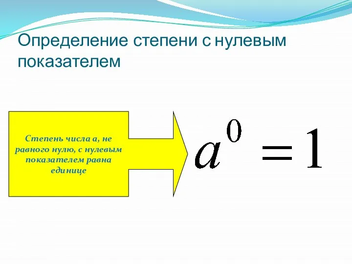 Определение степени с нулевым показателем Степень числа a, не равного нулю, с нулевым показателем равна единице