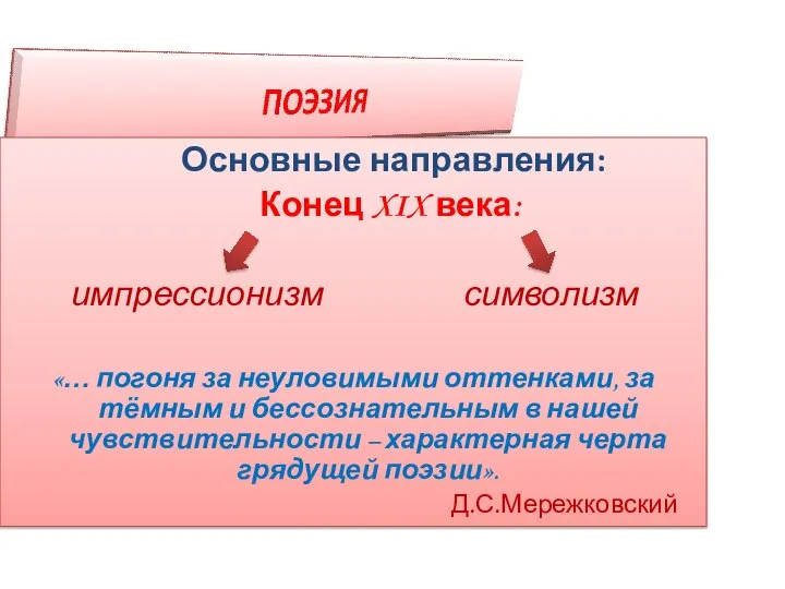 Основные направления: Конец XIX века: импрессионизм символизм «… погоня за неуловимыми