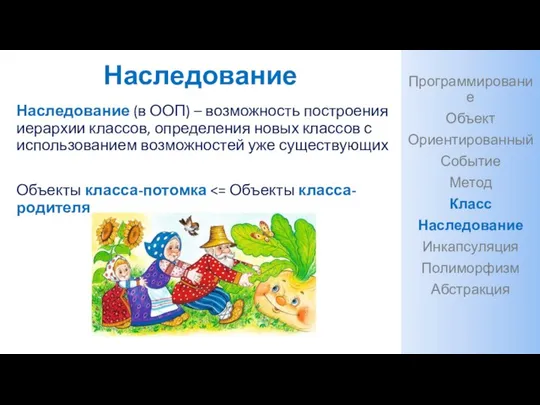 Наследование Наследование (в ООП) – возможность построения иерархии классов, определения новых