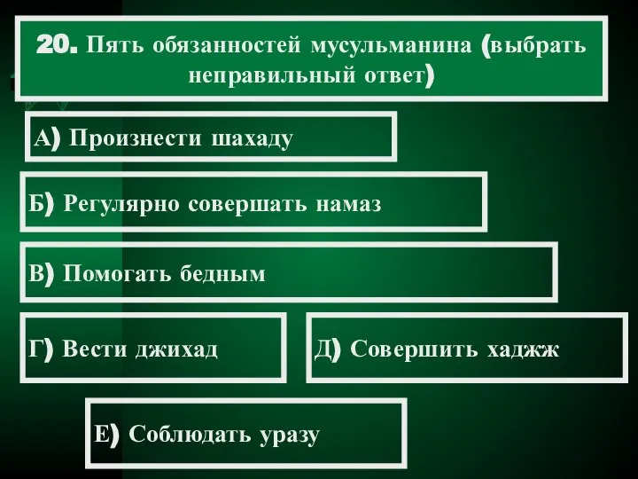 20. Пять обязанностей мусульманина (выбрать неправильный ответ) А) Произнести шахаду Б)