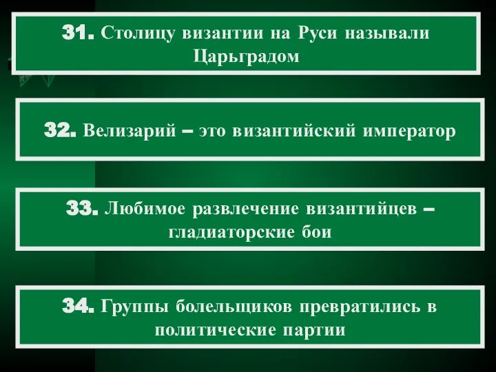 31. Столицу византии на Руси называли Царьградом 32. Велизарий – это