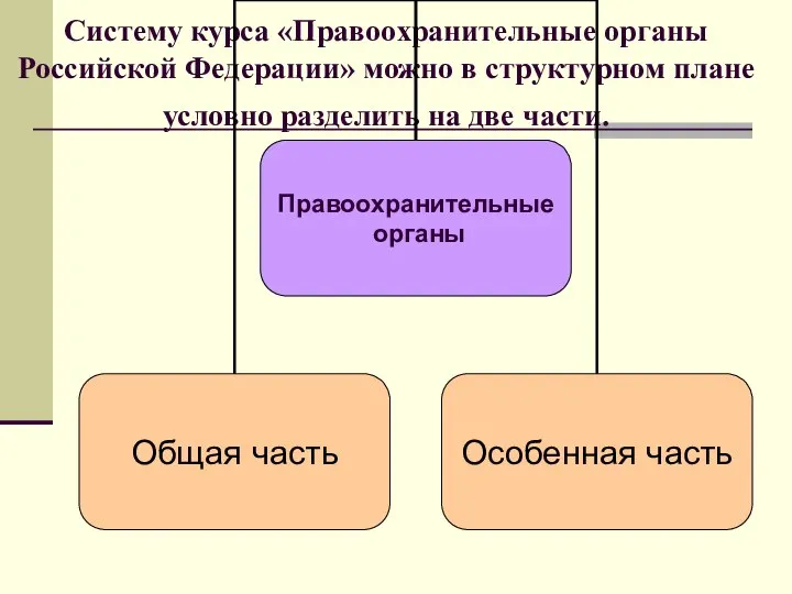 Систему курса «Правоохранительные органы Российской Федерации» можно в структурном плане условно разделить на две части.