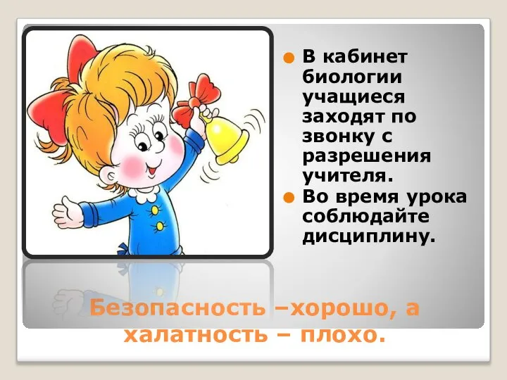 Безопасность –хорошо, а халатность – плохо. В кабинет биологии учащиеся заходят