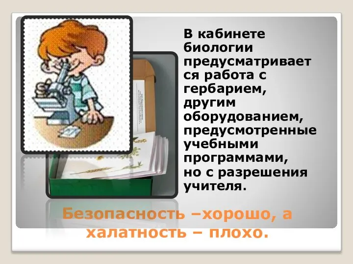 Безопасность –хорошо, а халатность – плохо. В кабинете биологии предусматривается работа