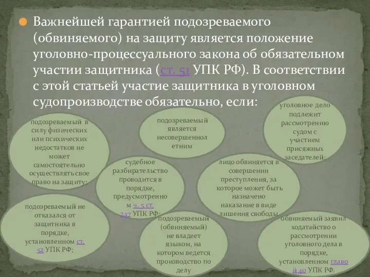 Важнейшей гарантией подозреваемого (обвиняемого) на защиту является положение уголовно-процессуального закона об