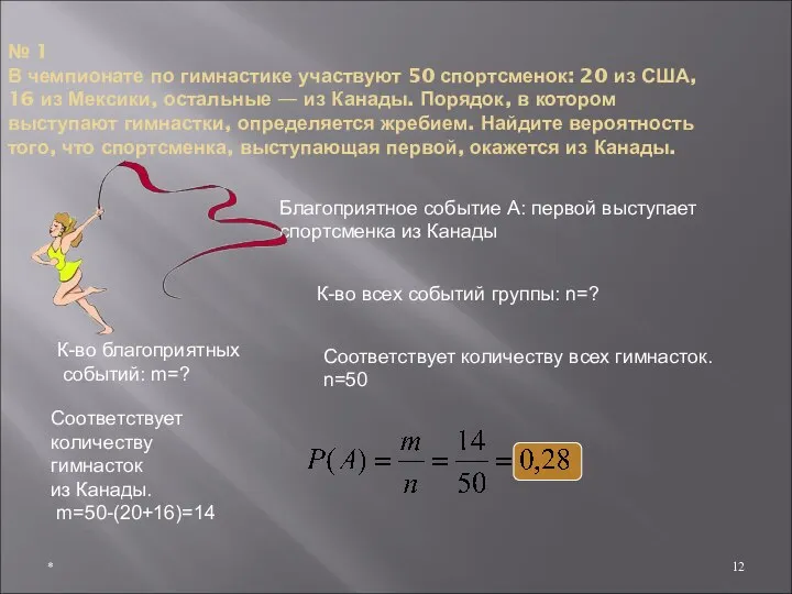 № 1 В чемпионате по гимнастике участвуют 50 спортсменок: 20 из