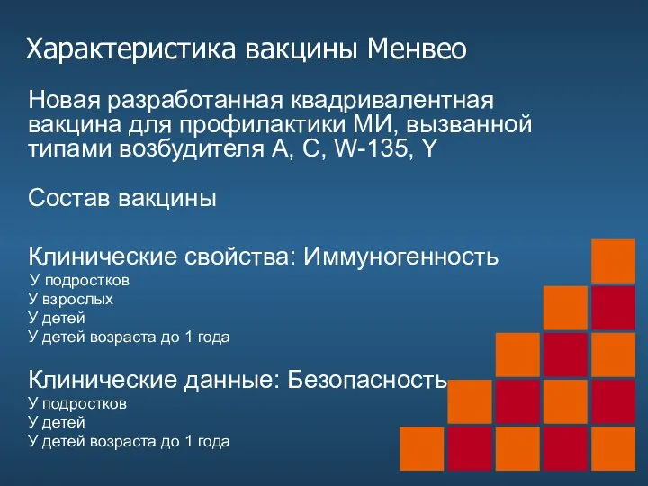 Характеристика вакцины Менвео Новая разработанная квадривалентная вакцина для профилактики МИ, вызванной