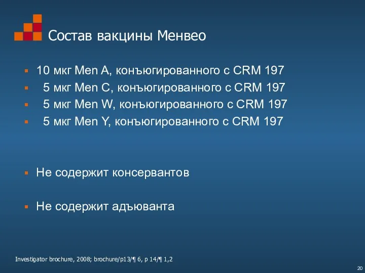 Состав вакцины Менвео 10 мкг Men A, конъюгированного с CRM 197