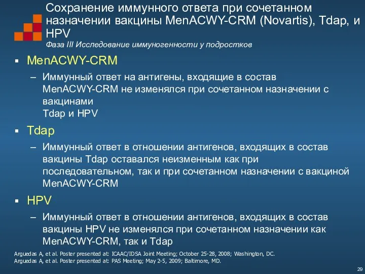 Сохранение иммунного ответа при сочетанном назначении вакцины MenACWY-CRM (Novartis), Tdap, и