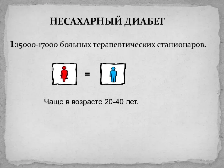 1:15000-17000 больных терапевтических стационаров. НЕСАХАРНЫЙ ДИАБЕТ Чаще в возрасте 20-40 лет.