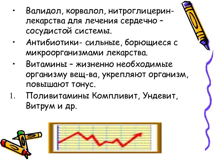 Валидол, корвалол, нитроглицерин-лекарства для лечения сердечно – сосудистой системы. Антибиотики- сильные,