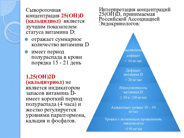 Интерпретация концентраций 25(OH)D, принимаемая Российской Ассоциацией Эндокринологов: Сывороточная концентрация 25(OH)D (кальцидиол)
