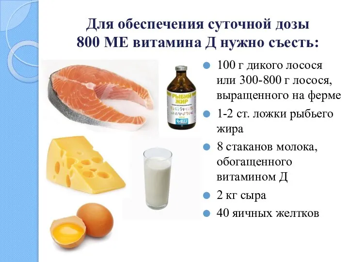 Для обеспечения суточной дозы 800 МЕ витамина Д нужно съесть: 100