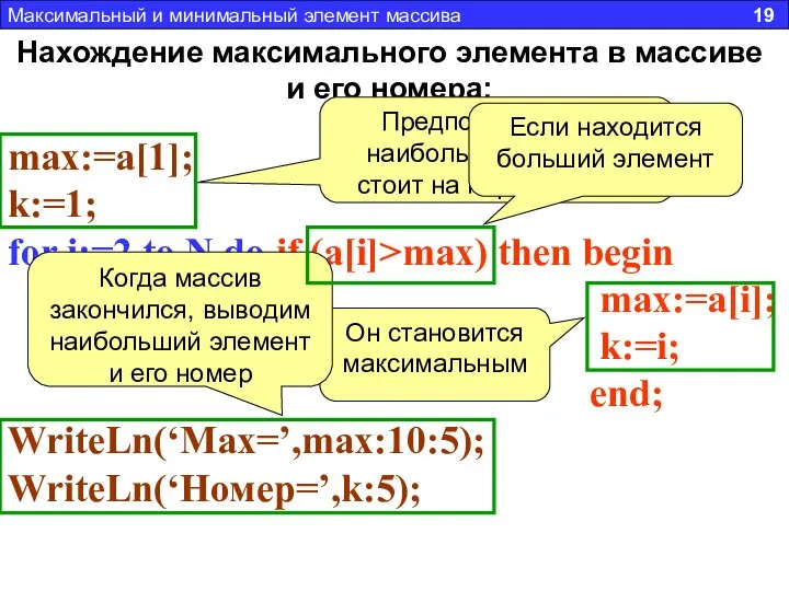 Нахождение максимального элемента в массиве и его номера: max:=a[1]; k:=1; for