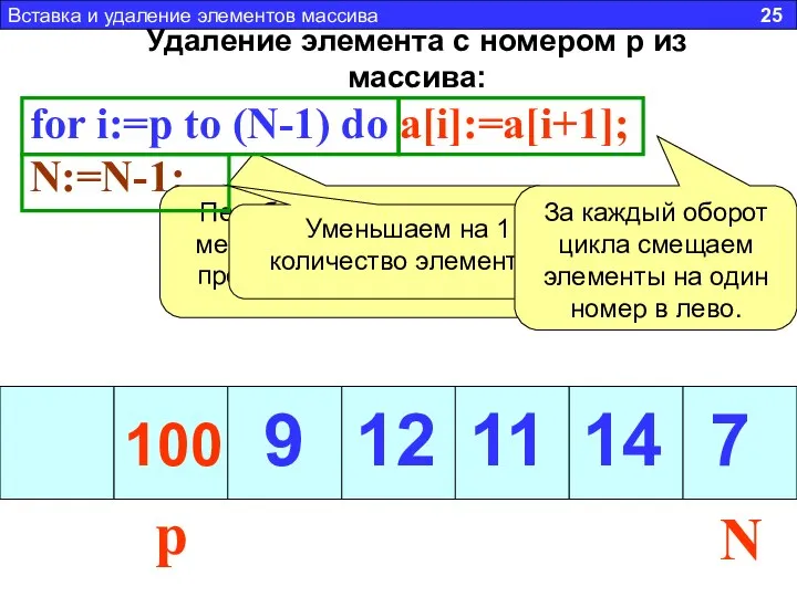 Удаление элемента с номером p из массива: for i:=p to (N-1)