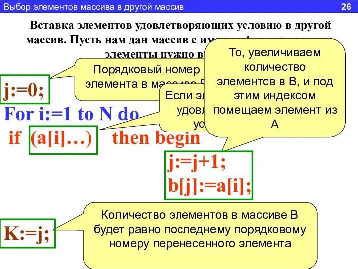 Вставка элементов удовлетворяющих условию в другой массив. Пусть нам дан массив