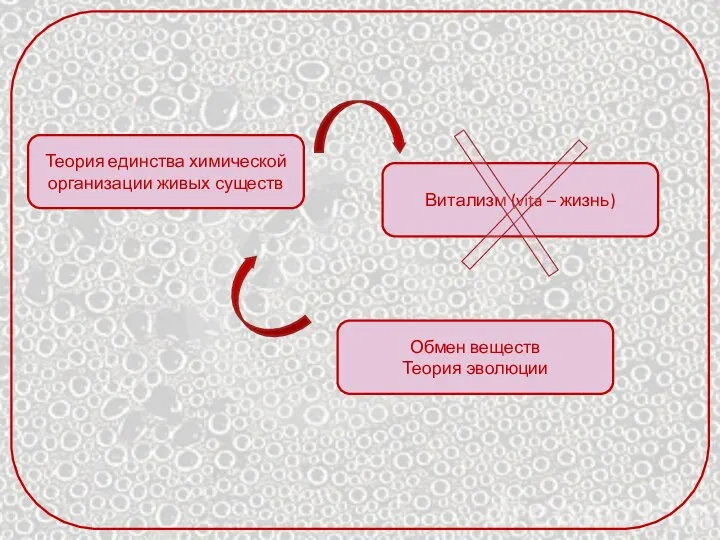 Теория единства химической организации живых существ Витализм (vita – жизнь) Обмен веществ Теория эволюции