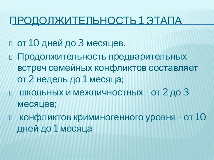 ПРОДОЛЖИТЕЛЬНОСТЬ 1 ЭТАПА от 10 дней до 3 месяцев. Продолжительность предварительных