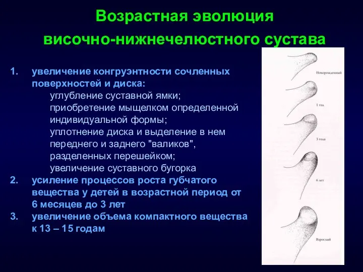 Возрастная эволюция височно-нижнечелюстного сустава увеличение конгруэнтности сочленных поверхностей и диска: углубление